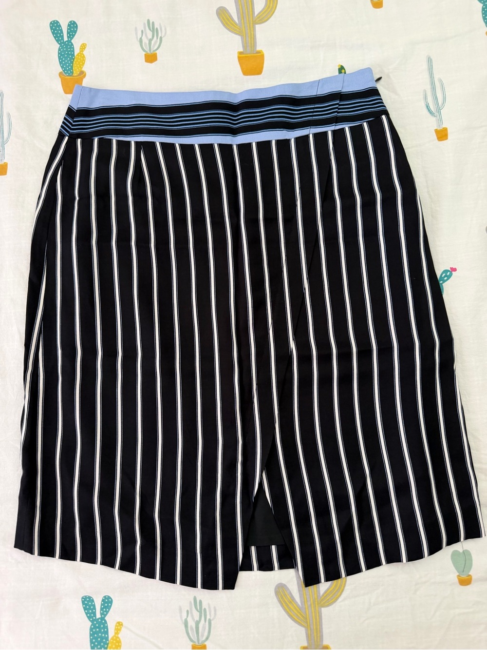 LOFT Black and White Vertical-Stripe Midi Skirt with Light Blue Waistband